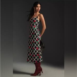 Anthropologie Black White Grid Elyse Slip Dress Red Floral Rose Print Medium